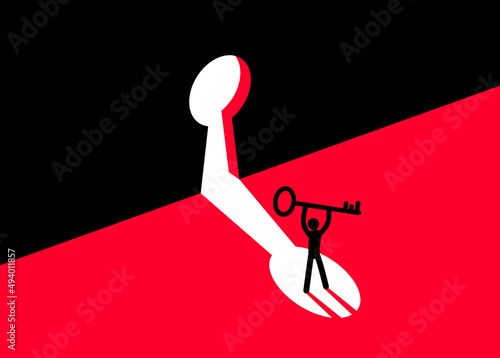 Man standing in front of big keyhole vector illustration, new opportunities concept, enter next door, career development.