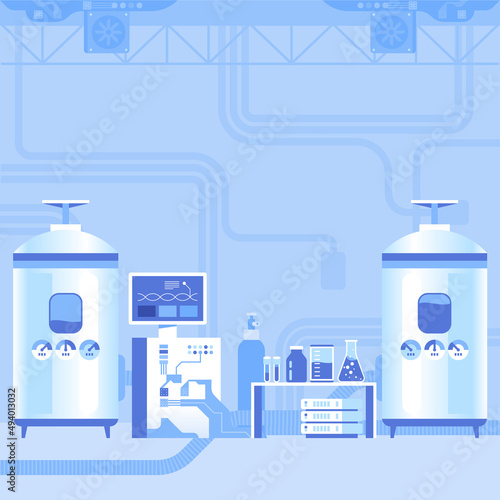 Science chemistry laboratory flat color vector illustration. Science lab, pharmaceutical research center Cartoon interior design with medical equipment on background. Modern medical institution decor