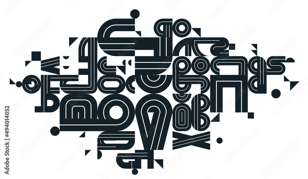 Dynamic messy abstract vector design composition, minimal lined modern art, stylish geometry elements, isolated over white, black and white.