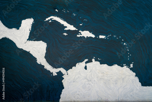 Silhouette of Central America, Caribbean and part of South America map. Simple blue and white lined map