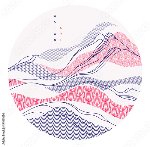 Nature art oriental Japanese style vector abstract background in a shape of circle, runny like water shapes and lines with textures.