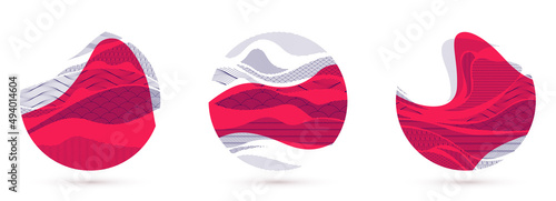 Abstract oriental Japanese art vector backgrounds set in red color in shape of circle, traditional style design, wavy shapes and mountains terrain landscape, runny like sea lines.