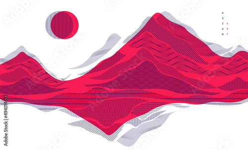 Oriental Japanese style vector abstract illustration in red color, background in Asian traditional style, wavy shapes and mountains terrain, runny like sea lines.