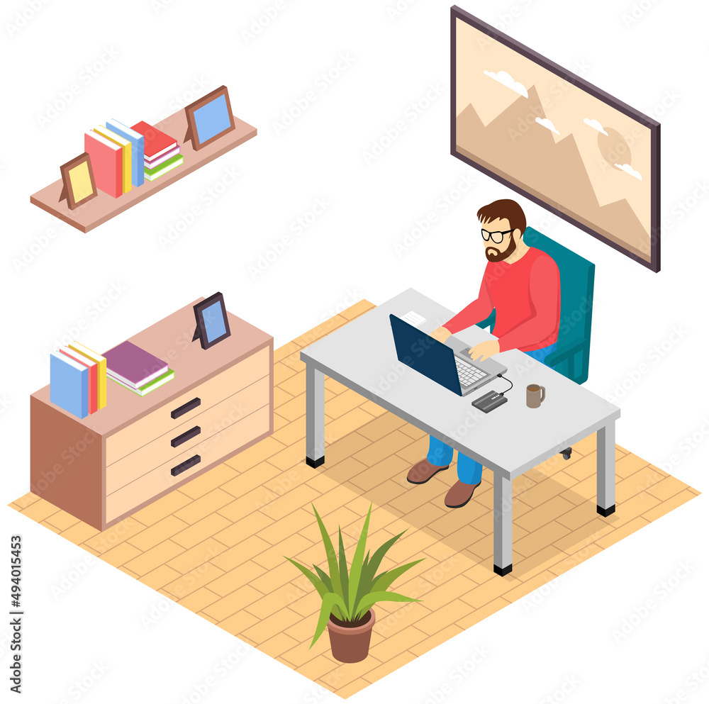 Office workplace. Business man professional working with laptop and documents on table isolated illustration. Employee working from home, remote job using personal computer for tasks completion Office workplace. Business man professional working with laptop and documents on table isolated illustration. Employee working from home, remote job using personal computer for tasks completion