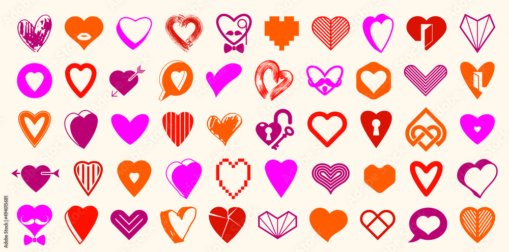 Collection of hearts vector logos or icons set, heart shapes of different styles and concepts symbols, love and care, health and cardiology, geometric and low poly. Collection of hearts vector logos or icons set, heart shapes of different styles and concepts symbols, love and care, health and cardiology, geometric and low poly.