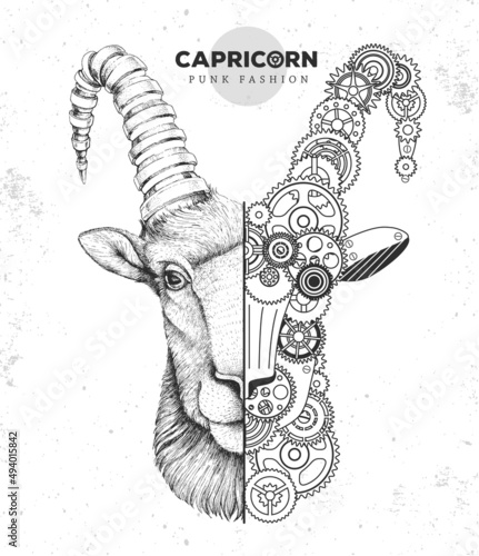 Realistic and punk style goat head illustration. Goat head silhouette with gears. Vector illustration