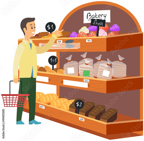 Man with shopping cart in supermarket. Male during shopping, customer in mall, retail store. Boy chooses pastries, bread at grocery store. Character looking at bakery in hypermarket
