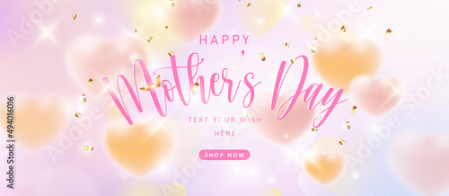 Happy mother's day girlish pink yellow love heart with colorful bokeh shine background