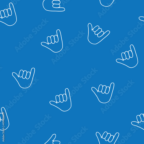 Hang loose hand seamless vector pattern. surfing background. Surfing shaka hand sign repeating blue backdrop. Hang loose hand gesture design for surf shop, fabric, cool decor.