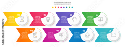 Vector line infographics template for 8 arrows and circles. Business concept with eight elements and icons. Modern blank space for chart, content, step for step, timeline, diagram, web