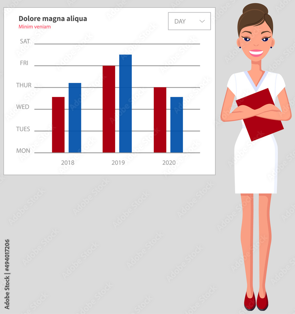 Analytics and development statistics. Web analysis measure, product testing technology. Woman analyses digital report. Statistical indicators and data on diagram. Graphic information visualization