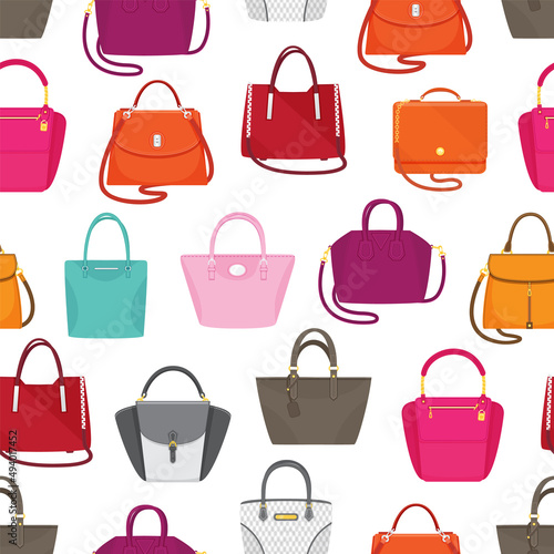 Cartoon set of women bag vector icon isolated on white background seamless pattern. Ladies handbag in flat style. Elegant ladies leather bag, female accessories object, fashion trendy case with handle