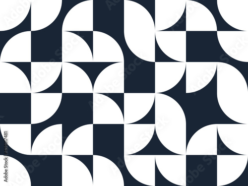 Geometric abstract seamless pattern with black and white simple elements of geometry, wallpaper background in retro 70s style, Bauhaus constructive style tiles.