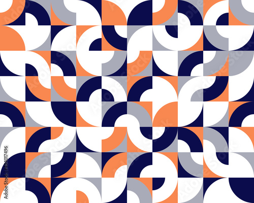 Geometric abstract seamless pattern with colorful simple elements of geometry, wallpaper background in retro 70s style, Bauhaus constructive style tiles.