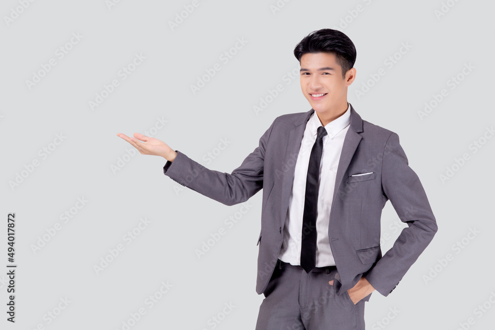 Portrait young asian business man in suit presenting isolated on white background, advertising and marketing, executive and manager, male confident showing success, expression and emotion. Portrait young asian business man in suit presenting isolated on white background, advertising and marketing, executive and manager, male confident showing success, expression and emotion.