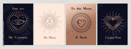 Happy Valentine's day minimalist card set in bohemian style. Linear flat style geometric vector illustration for logo, print, banner, invitation. Vintage elegant Valentine's day background with hearts