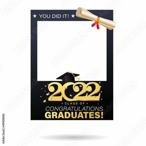 Class of 2022 black and gold design template for graduation photo booth props. Congratulations graduates frame for selfie. Realistic Vector illustration for high school or university grad ceremony.