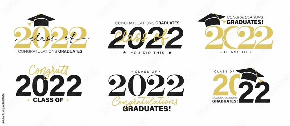 Class of 2022 vector badges set.Congrats graduates concept. Black, gold and white graduation logo collection.Stock vector illustration for shirts,prints,cards,invitations,seal or stamp.Grad labels set
