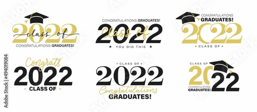 Class of 2022 vector badges set.Congrats graduates concept. Black, gold and white graduation logo collection.Stock vector illustration for shirts,prints,cards,invitations,seal or stamp.Grad labels set