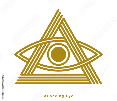All seeing eye in triangle pyramid vector ancient symbol in modern linear style isolated on white, eye of god, masonic sign, secret knowledge illuminati.