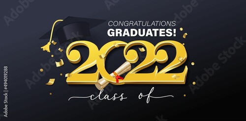 Congratulations graduates elegant banner or greeting card with gold confetti, lettering, graduation cap and diploma scroll. Graduation design for party, yearbook. Class of 2022 vector illustration.