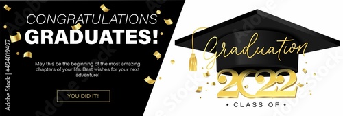 Congratulations graduates banner concept. Class of 2022. Graduation design template for websites, social media, blogs, greeting cards or party invitations.