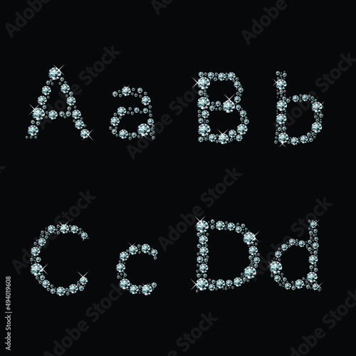 3d rendering of A, B, C, D letters made of diamonds isolated on a black background