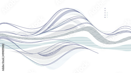 Oriental Japanese style vector abstract illustration, background in Asian traditional style, wavy shapes and mountains terrain, runny like sea lines.
