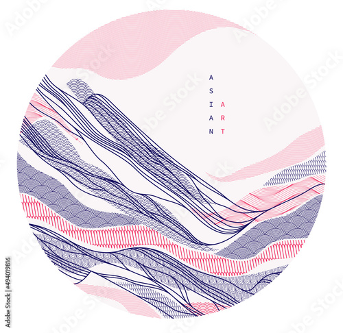 Nature art oriental Japanese style vector abstract background in a shape of circle, runny like water shapes and lines with textures.