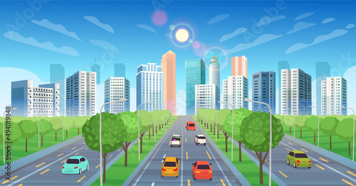 Road to the city.  View of Cityscape Background  with trees.Town panorama. Cartoon vector illustration.