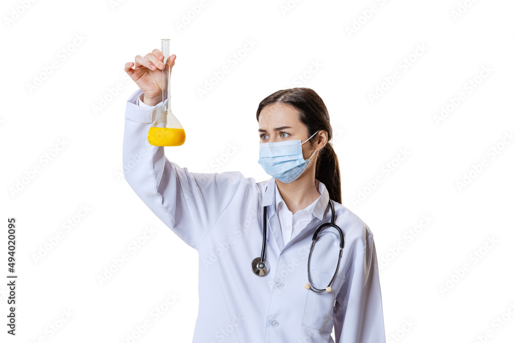 Portrait of young woman, doctor, therapeutic or medical advisor wearing face mask and white uniform isolated on white background. Health care concept Portrait of young woman, doctor, therapeutic or medical advisor wearing face mask and white uniform isolated on white background. Health care concept