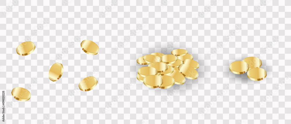 gold coins on a transparent background, a hill of coins. Realistic vector