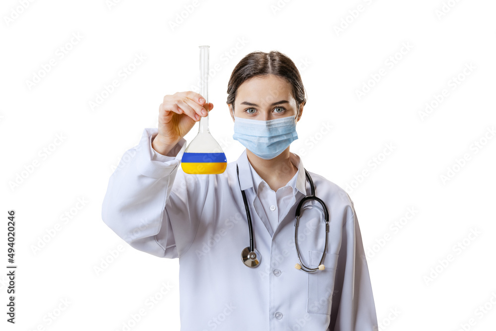 Portrait of young woman, doctor, therapeutic or medical advisor wearing face mask and white uniform isolated on white background. Health care concept Portrait of young woman, doctor, therapeutic or medical advisor wearing face mask and white uniform isolated on white background. Health care concept