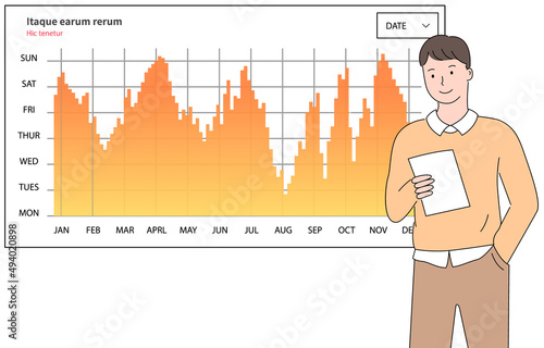 Analytics information and development statistics. Web analysis measure, product testing technology. Man analyses dashboard seo optimization, digital report. Statistical indicators and data on diagram