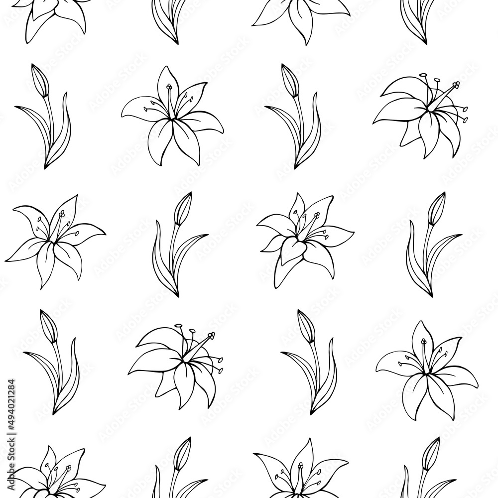 Seamless vector pattern of lilies. Background for greeting card, website, printing on fabric, gift wrap, postcard and wallpapers. 