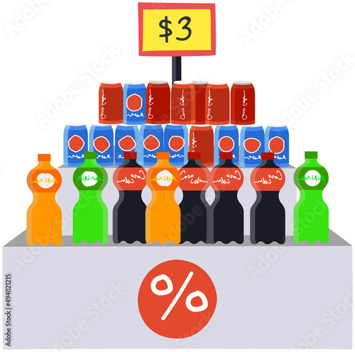 Stand in grocery store with aerated sweet drinks, sparkling fruit-flavored beverages. Plastic bottles and aluminum cans with lemonades. Supermarket shelf for sale of soda, carbonated, fizzy drinks