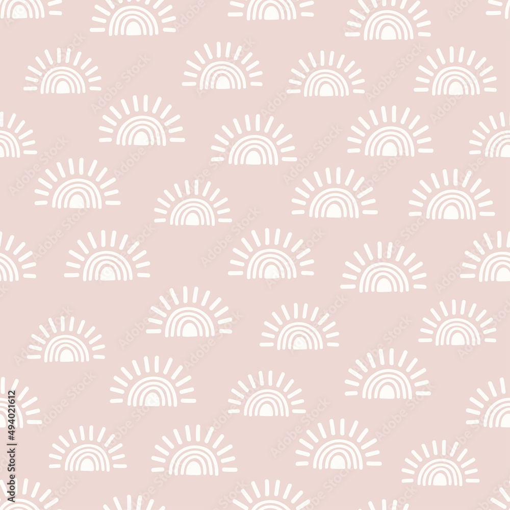 Pink seamless pattern with hand drawn suns and rainbows. Fabric design with rising sun or sunset.
