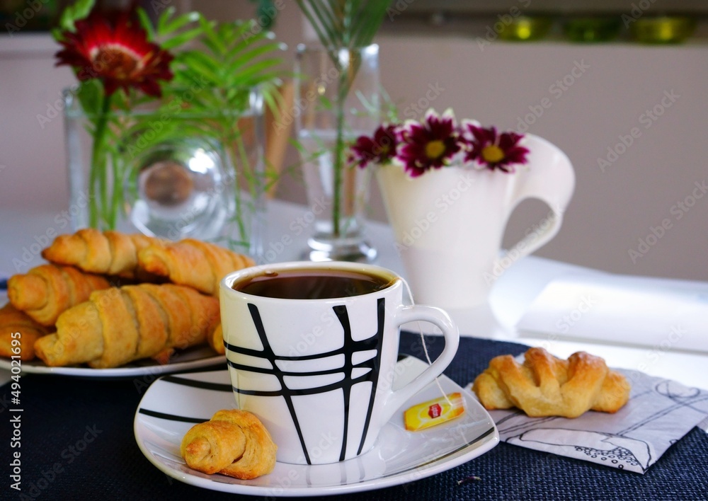 breakfast with coffee and croissant breakfast with coffee and croissant