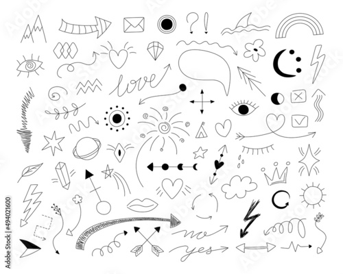 Fototapeta Naklejka Na Ścianę i Meble -  2101.i010.n012.S.c12.1396995566.Doodle symbols. Hand drawn thin line arrows with scribble emphasis crown and love heart icons. Vector isolated set