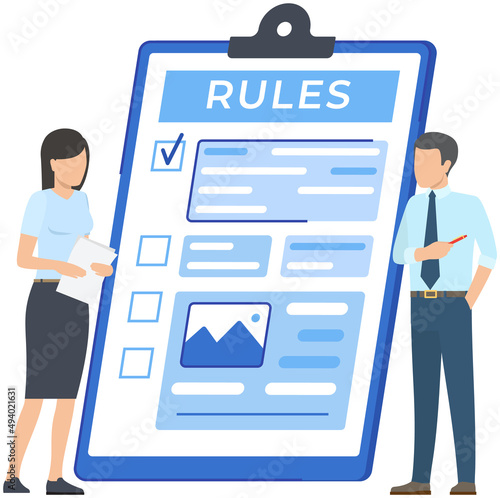 Giant clipboard, task done and check mark ticks. Check document with rules. Form with survey, paper sheet with results of review. Colleagues discuss business rules. Strategy, business development