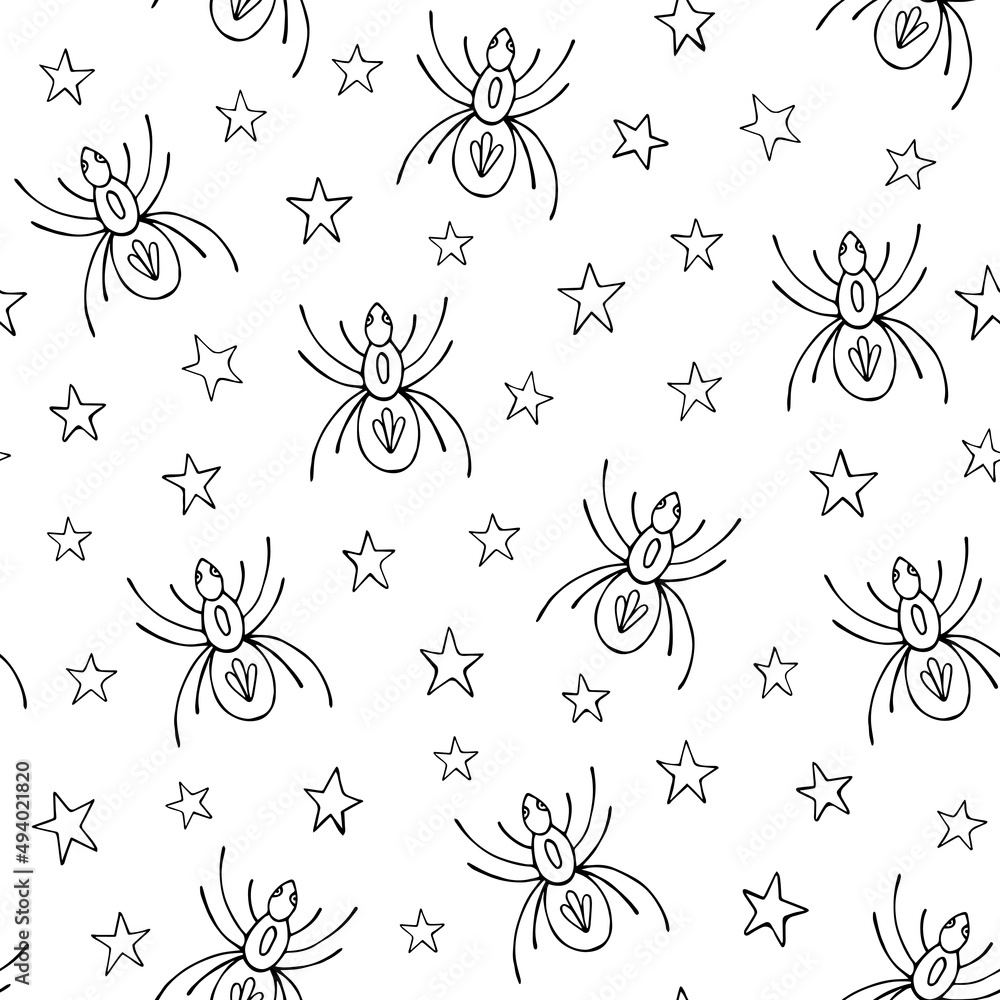 Vector seamless pattern with spiders and stars. Halloween seamless pattern vector. Decoration print for wrapping, wallpaper, fabric.