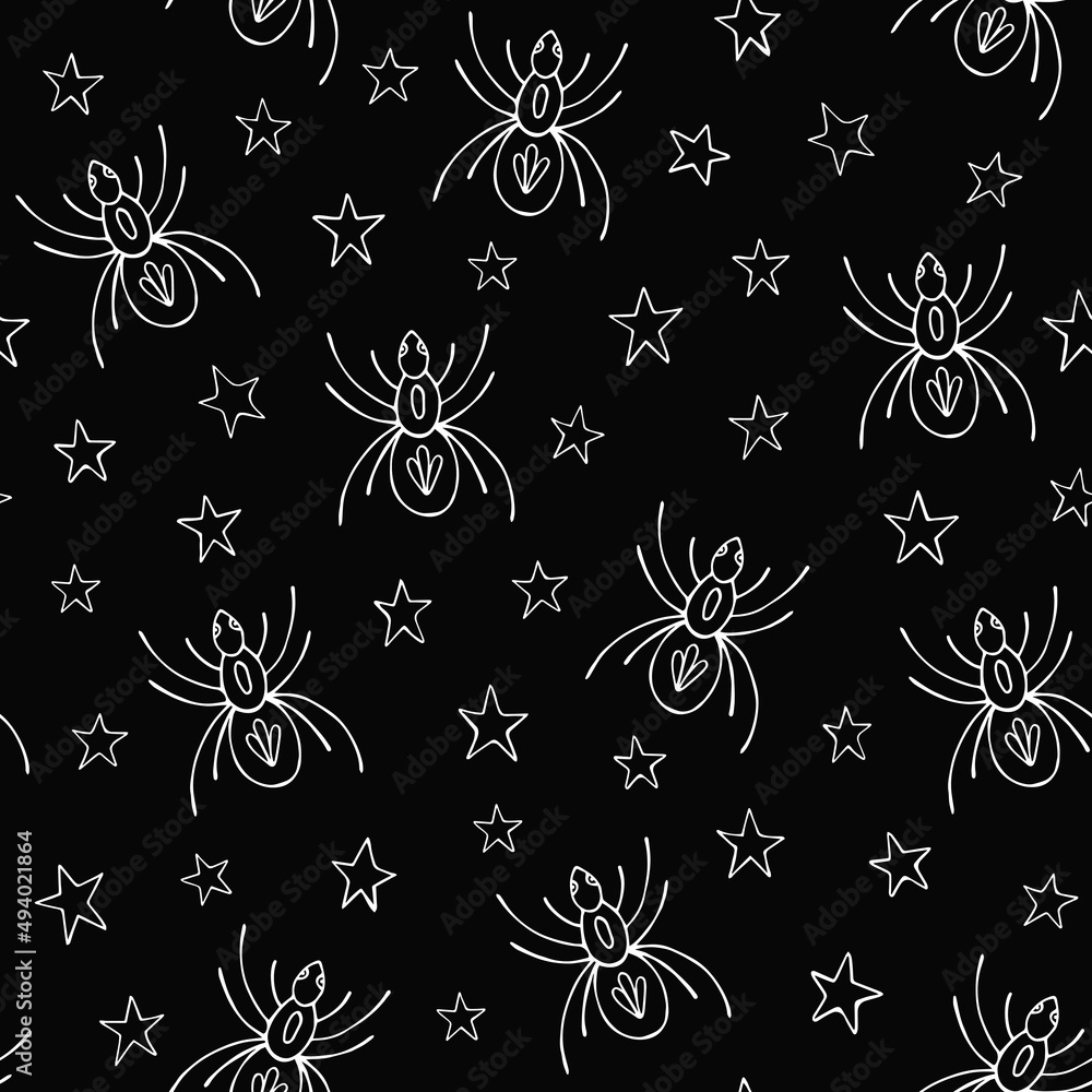Vector seamless pattern with spiders and stars. Decoration print for wrapping, wallpaper, fabric.