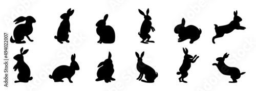 11 Rabbit silhouette. Cartoon spring animal in different poses standing jumping and sitting. Vector bunny isolates set