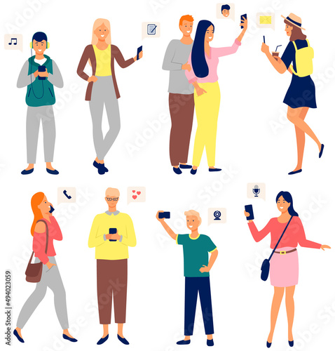 Global data sharing concept of young people using mobile smartphone to share posts and news in social networks. Man and woman holds smart phone to make repost of video news, listening to music