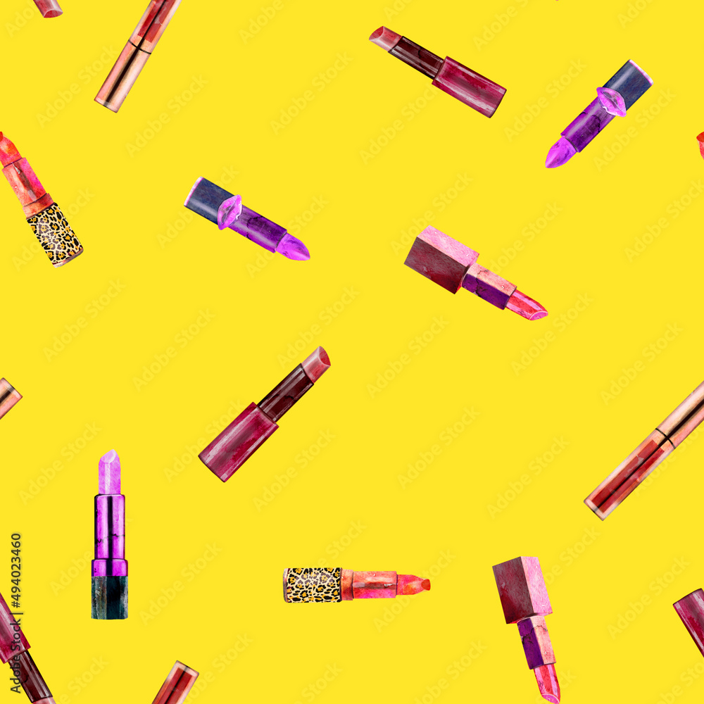 Seamless pattern with lipstick on summer yellow background. Seamless pattern with lipstick on summer yellow background.