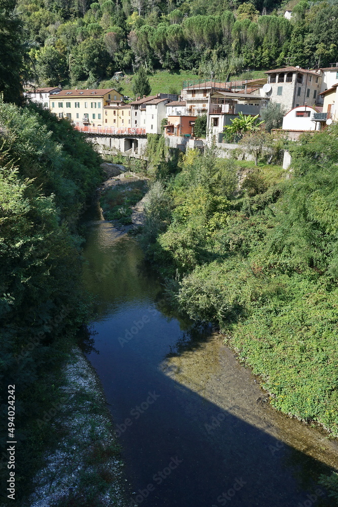 View of the Serchio river at Gallicano in Garfagnana, Tuscany, Italy