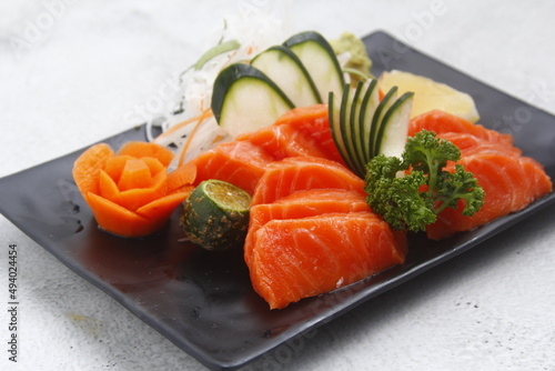 Freshly prepared Japanese food called Salmon Sashimi