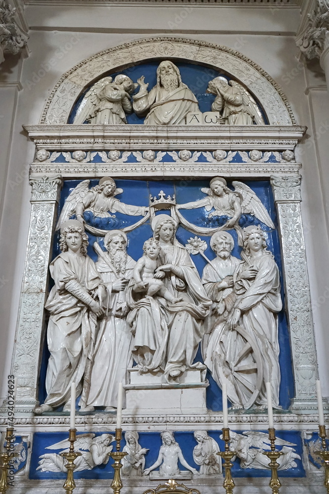 Ceramic bas-relief in the church of San Jacopo a Gallicano in Garfagnana, Tuscany, Italy