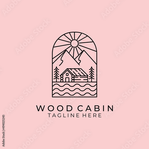 Emblem of Cabin Cottage Line Art Minimalist Logo Mountain Sunburst Vector Illustration Lake River Wave Design