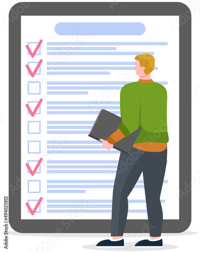 Month scheduling, to do list, time management. Businessman stands near checklist and planning. Plan fulfilled, task completed, timetable on paper sheet. Check list plan, schedule creation concept